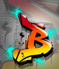 graffiti on a brick wall with the letter b painted in red and yellow colors,