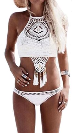 Bikinis Crochet, High Neck Swimsuits, Mode Boho, Crochet Design, Boho Crochet, Boho Casual, White Crochet, Swimwear Fashion, Monokini