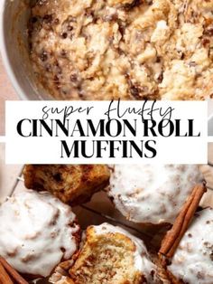 cinnamon roll muffins in a white bowl with cinnamon sticks and powdered sugar