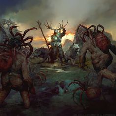 an image of a man in armor surrounded by animals and demon like creatures with horns