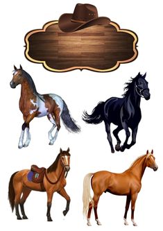 four horses standing next to each other in front of a wooden sign