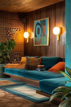 a living room with blue couches and potted plants in the corner, along with wooden paneling