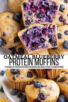 blueberry protein muffins stacked on top of each other with text overlay