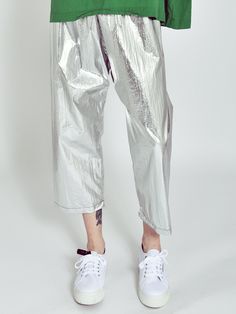 Silver Unisex Nylon Loose Cropped Pants Made in Brooklyn — uzinyc Space Pants, Nyc Fits, Silver Pants, Down Town, Unisex Pants, Party Pants, Comfy Fashion, Oversized Silhouette, Out Of This World