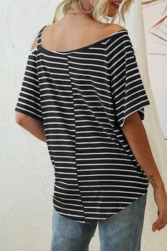 Fashion Street Striped Split Joint Oblique Collar T-shirts Crew Neck Striped Relaxed Fit Top, Striped Relaxed Fit Crew Neck Top, Relaxed Fit Striped Crew Neck Top, Relaxed Fit Striped Summer Tops, Striped Short Sleeve Top For Summer, Striped Relaxed Fit Tops For Summer, Summer Striped Relaxed Fit Tops, Black Short Sleeve Tops For Spring, Black Short Sleeve Tops For Summer