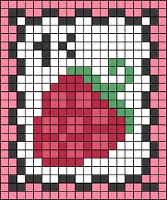 a cross stitch pattern with an apple in the center on pink and black squares,