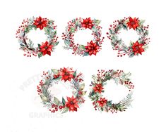 christmas wreaths and poinsettis with red flowers on white background, watercolor