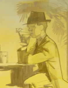 a drawing of a man sitting at a table with a drink in his hand and wearing a hat