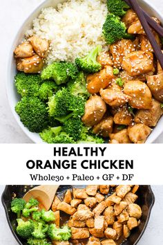 healthy orange chicken with rice and broccoli in a skillet on the side