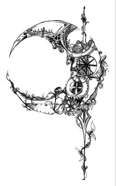 a drawing of a clock with gears and flowers on it's face, as well as the letter c