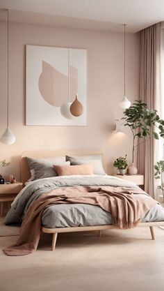 a bedroom with pink walls and neutral decor