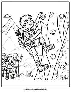 a daring hiker conquers a steep cliff while enthusiastic friends cheer from the ground below Free Kids Coloring Pages, Hiking Adventures, Mountains Hiking, Coloring Sheets For Kids, Toddler Preschool, Classroom Activities, Imaginative Play, Nature Scenes, Outdoor Fun