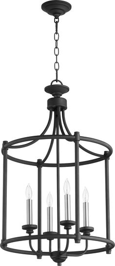 a black chandelier with four candles hanging from the bottom and one light on top