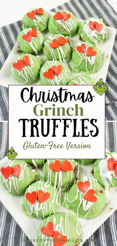 christmas crunch truffles with white icing and green frosting on a plate