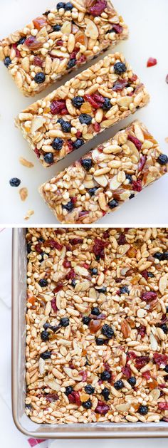 granola bars with blueberries, almonds and cranberries on top are ready to be eaten