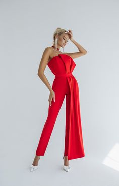 Fitted Pantsuit For Evening, Fitted Elastane Pantsuit For Night Out, Elegant Elastane Pants For Party, Fitted Elastane Pantsuit For Party, Red Fitted Evening Sets, Evening Fitted Red Pants, Red Fitted Pants For Evening, Fitted Pantsuit For Party, Tailored Evening Pantsuit In Elastane