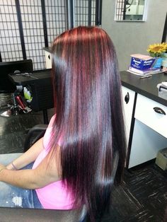 Striped Pink Hair, Red Violet Highlights, Highlight Hair Ideas, Pink Highlights In Brown Hair, Violet Highlights, Pink Hair Streaks, Black Cherry Hair, Red Violet Hair