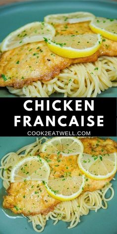 chicken francaise with lemons and parmesan cheese on top, served over noodles