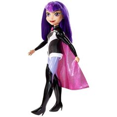 a cartoon character dressed in black and white with purple hair, wearing a pink cape