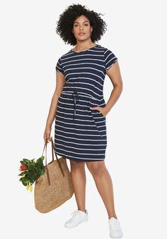 Drawstring Dress, Drawstring Dresses, Knitting Women, Plus Size Casual, Navy White, Striped Dress, T Shirt Dress, Navy And White, Plus Size Fashion