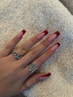 Red French Tip Nails With Initial, Nails Ideas Long Square, Red Nails Ideas Square, Simple Red Acrylic Nails, Pretty Red Nails Acrylic, Red Nail Designs Prom, Red Tapered Square Nails, Red Gel X Nails, Red Prom Nails Acrylic