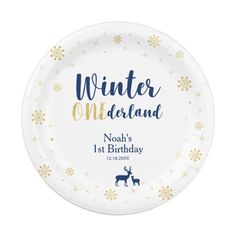 a paper plate with the words winter onederland on it and a reindeer design