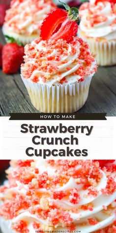 strawberry cupcakes with white frosting and sprinkles on top are shown