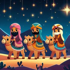 the three wise men are riding camels in the desert at night with stars above them