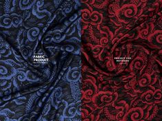 two different colors of fabric with black and red designs on them, one is blue and the other is red