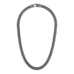 Vibrant Cuban links are fashioned in bold black ruthenium-plated sterling silver in this handsome men's necklace. The 22-inch chain secures in place with a lobster clasp. The signature "E" is stamped on the clasp to identify each piece as part of the 1933 by Esquire men's collection. Cuban Link Chain Necklaces, Jared The Galleria Of Jewelry, Cuban Link Chain, Men's Necklace, Necklace Black, Cuban Link, Bold Black, Chain Link Necklace, Curb Chain