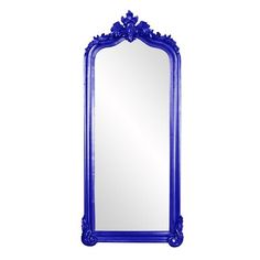 a blue mirror sitting on top of a white wall