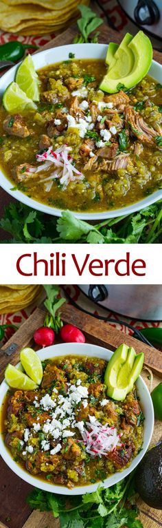 two bowls of chili verde with limes and cilantro garnishes