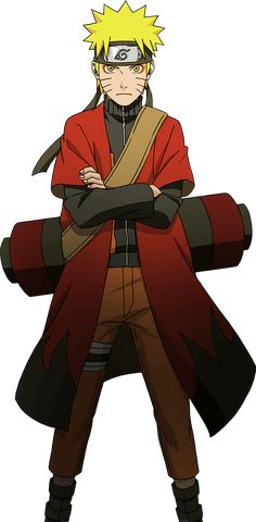 naruto with his arms crossed, standing in front of the camera and wearing a red coat