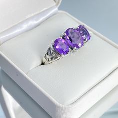 Natural Amethyst Ring/ Solid Sterling Silver/ 3-Gem Oval Cut Natural Purple Amethyst Silver Art Deco Filigree [Custom Made] Design#36 Art Deco Filigree, Gemstone Art, Amethyst Gem, Purple Band, Deco Jewelry, Silver Art, Filigree Ring, Engraved Items, Art Deco Jewelry