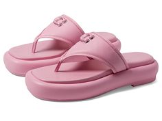 COACH Sylvie Leather Sandal - Women's Shoes : Flower Pink : Please Note: COACH items cannot be shipped to military addresses (APO or FPO) and addresses in Hawaii, the Virgin Islands, Guam or any other locations outside of the continental US. Polish your look by pairing it with the COACH Sylvie Leather Sandals and enjoy enhanced cushioning comfort and flexibility for the entire day. Leather upper with an iconic C embellishment. Leather and synthetic lining. Cushioned leather insole. Slip-on style Stylish Flip Flops, Zoë Kravitz, The Virgin Islands, Designer Slides, Summer Shoe, Black Flip Flops, Wedge Flip Flops, Pink Sandals, Leather Slide Sandals