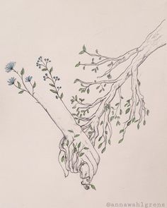 a drawing of two hands holding each other with tree branches and flowers on the arm