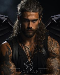 a man with long hair and tattoos on his chest, wearing black leather vests