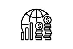 a line drawing of stacks of money and a globe