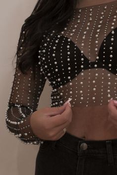 Rhinestone & Pearl embellished mesh top