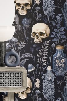 Witchy skulls wallpaper Vibe House, Wallpaper Gothic, Skulls Wallpaper, Moody Bathroom, Oddities Decor, Closet Redo, Art Deco Color, Gothic Interior, Office Idea