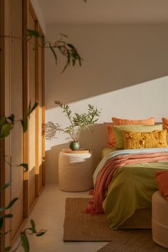 a bed with orange and green pillows in a bedroom next to a plant on the floor