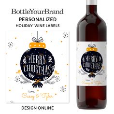 a bottle of wine with a christmas ornament on it and a label for the bottle