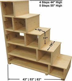 a wooden shelf with four steps and three shelves on each side, measurements for each step