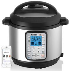 an electric pressure cooker with thermometer next to it and a remote control