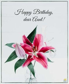 a happy birthday card with a pink flower in a glass vase on a white background