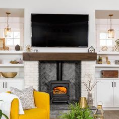 a living room filled with furniture and a fire place in front of a flat screen tv