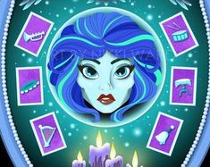 a woman with blue hair holding a lit candle in front of her face, surrounded by icons