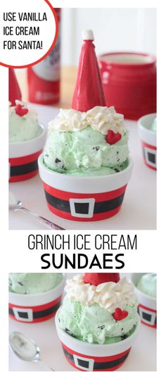 an ice cream sundae with green and red frosting on top, sitting in front of