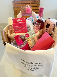 a basket filled with items sitting on top of a table