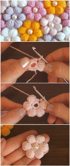 crochet flowers are being made with yarn and beads, then they're attached to pins